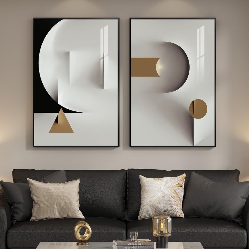 Cuspin Large Framed Modern Elegant Abstract Wall Art, 2 Piece Black White Gold Geometric Prints Paintings Artwork for Walls, Minimalist Wall Pictures for Living Room Dining Bedroom Hallway Wall Decor 24x36 In - Image 3