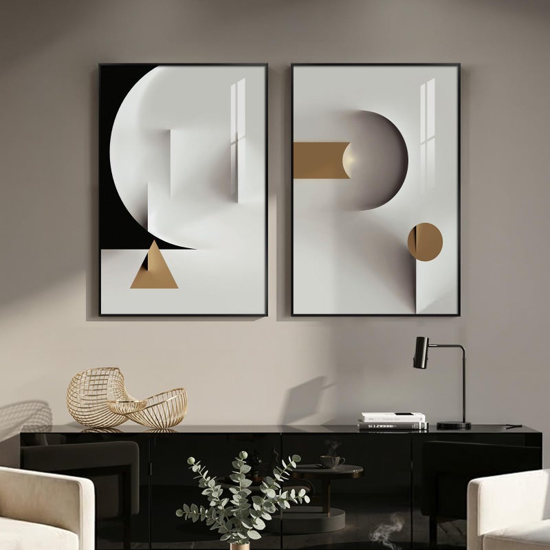 Cuspin Large Framed Modern Elegant Abstract Wall Art, 2 Piece Black White Gold Geometric Prints Paintings Artwork for Walls, Minimalist Wall Pictures for Living Room Dining Bedroom Hallway Wall Decor 24x36 In - Image 1