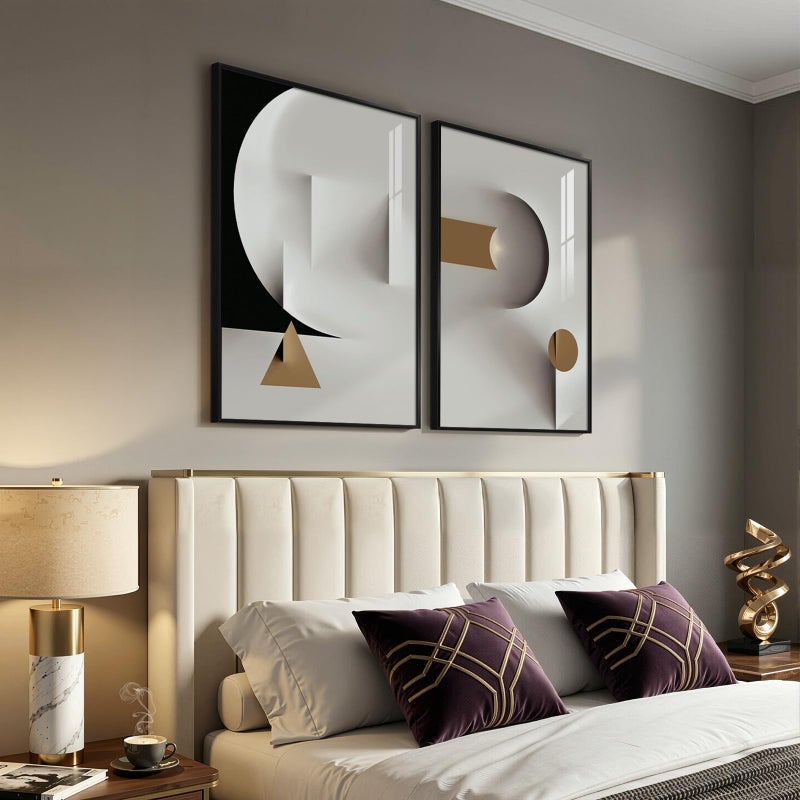 Cuspin Large Framed Modern Elegant Abstract Wall Art, 2 Piece Black White Gold Geometric Prints Paintings Artwork for Walls, Minimalist Wall Pictures for Living Room Dining Bedroom Hallway Wall Decor 24x36 In - Image 2