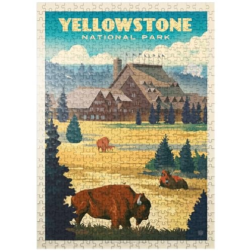 MyPuzzle.com MyPuzzle Yellowstone National Park Old Faithful Inn Bisons Vintage Poster Premium 500 Piece Jigsaw Puzzle for Adults - Image 1