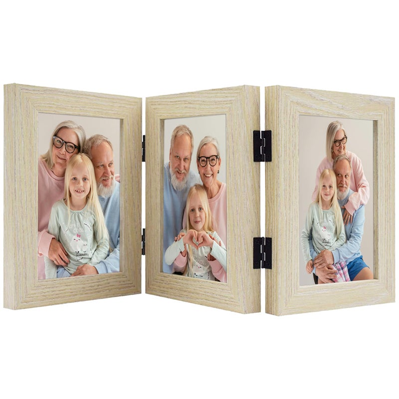 Frametory 5x7 Triple Picture Frames Trifold Photos Frame Collage Hinged Picture Frames with Glass Front Tabletop Display Natural 1 Pack