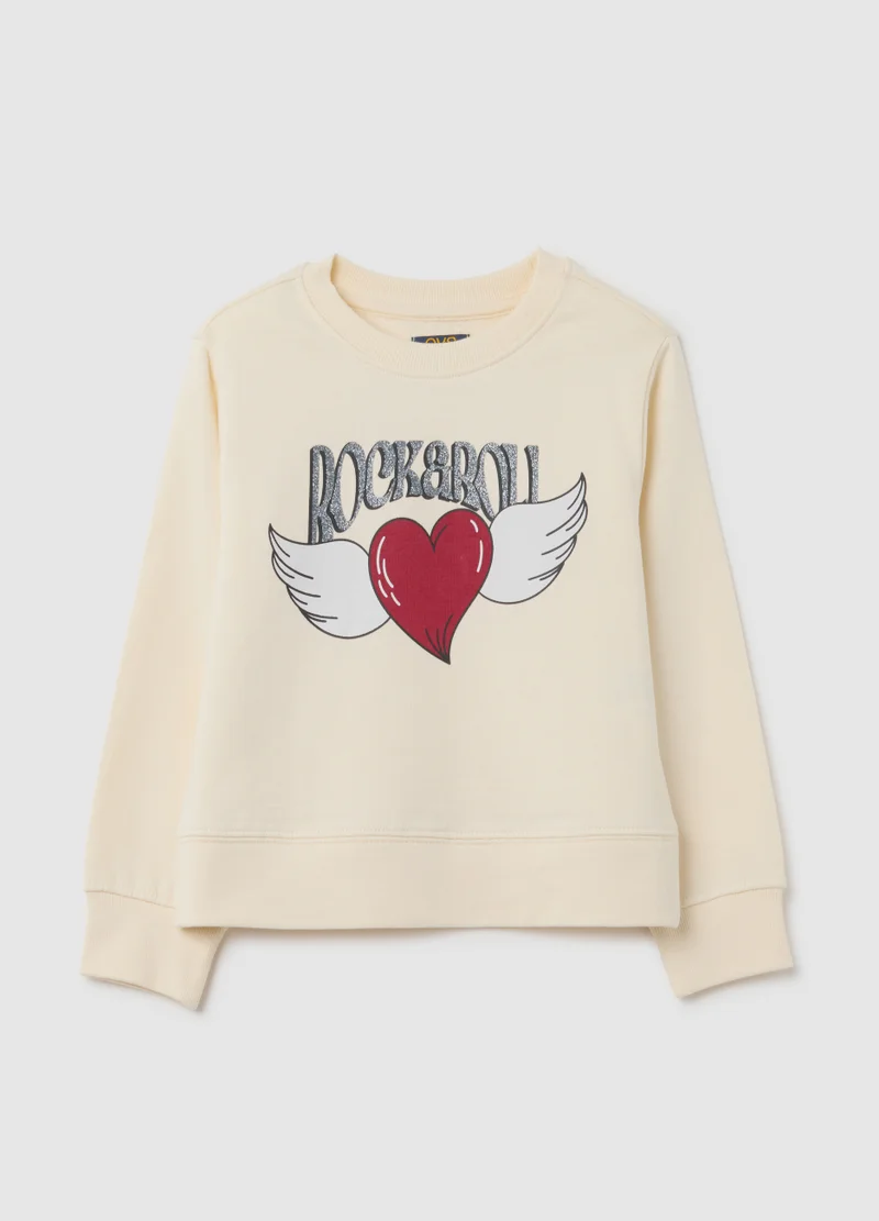 او في اس GIRLS' BEIGE PURE COTTON SWEATSHIRT REGULAR FIT
