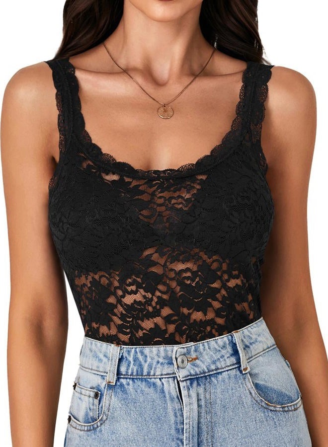LYANER Women's Floral Lace Scallop Spaghetti Strap Sleeveless Sheer Tank Cami Top Blouse, Solid Black, L - Image 1