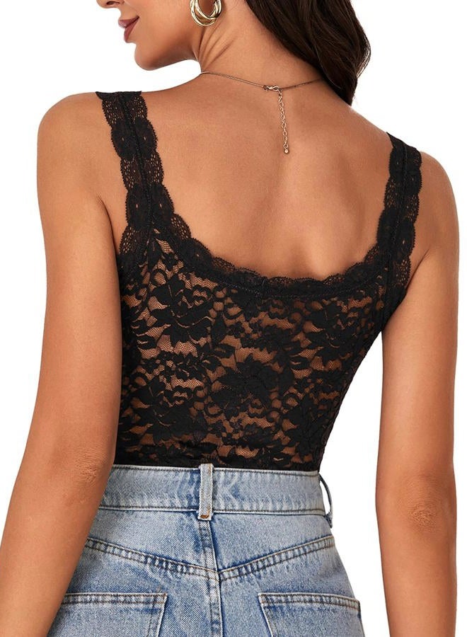 LYANER Women's Floral Lace Scallop Spaghetti Strap Sleeveless Sheer Tank Cami Top Blouse, Solid Black, L - Image 2