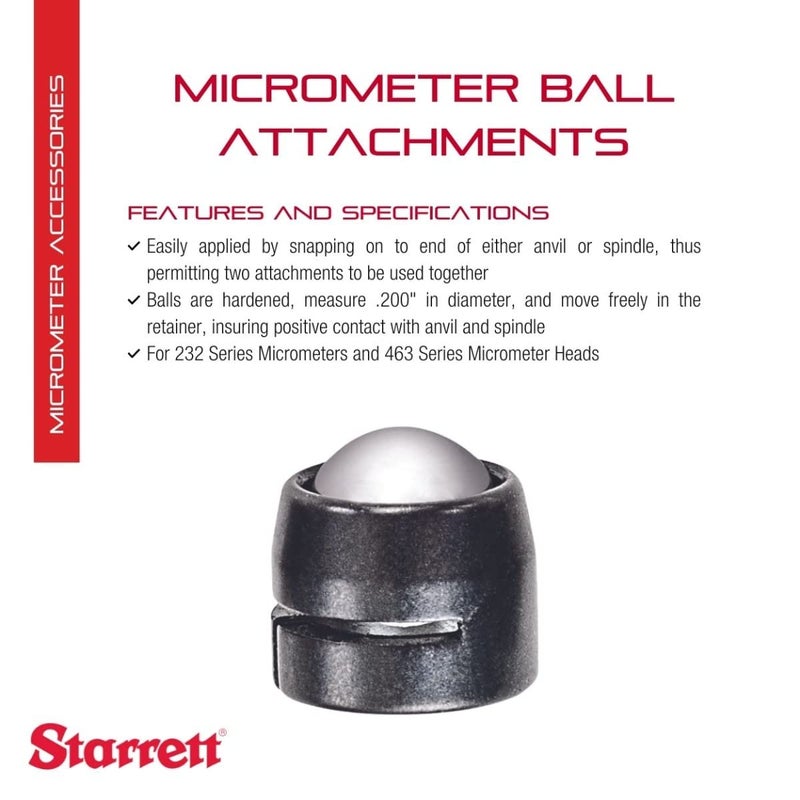Starrett Micrometer Ball Attachment for 232 Series Micrometers and 463 Series Micrometer Heads - 200" Diameter Anvil and Spindle - Quick and Easy Adjustment, .200" Diameter - 247C - Image 2
