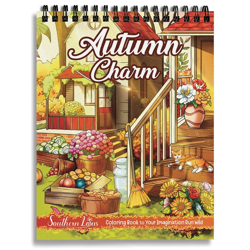 SOUTHERN LOTUS Autumn Charm Coloring Book for Adults Women Spiral Girls Wirebound Hardcover Large Print Pages with Charming Fall Scenes Beautiful Landscapes Lovable Gardens Relax Relieve Stress  - Image 1