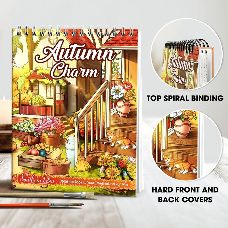 SOUTHERN LOTUS Autumn Charm Coloring Book for Adults Women Spiral Girls Wirebound Hardcover Large Print Pages with Charming Fall Scenes Beautiful Landscapes Lovable Gardens Relax Relieve Stress  - Image 2