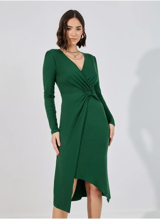 Styli Knotted Wrap Front Bodycon Midi Dress