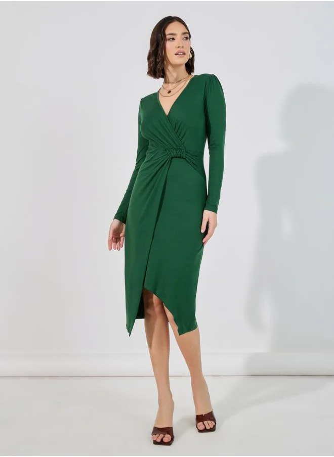 Styli Knotted Wrap Front Bodycon Midi Dress