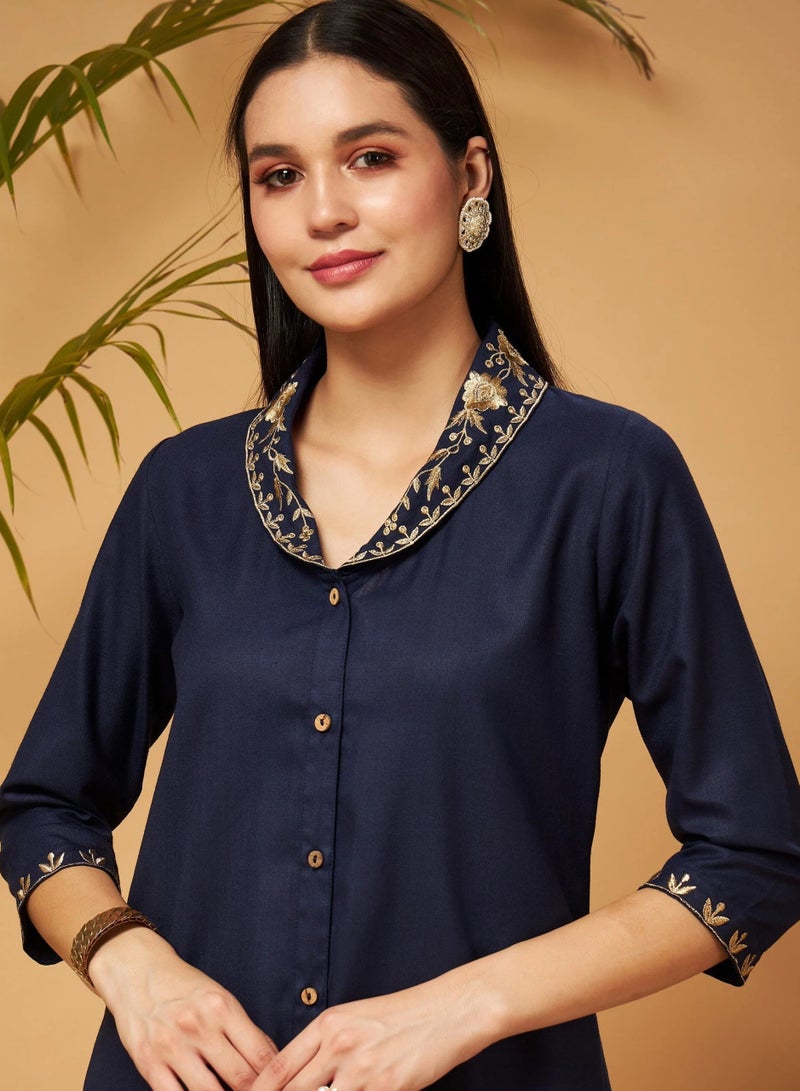 PRASHA Women Navy Zari Embroidered Shawl Collar Top - Image 2