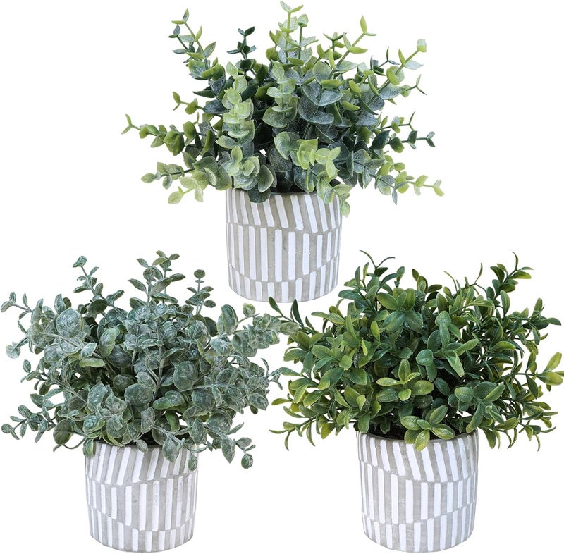 Winlyn 3 Pcs Artificial Eucalyptus Boxwood Plants in Grey Textured Cylinder Concrete Planter Pots Small Potted Plants Faux Greenery Decorations for Modern Farmhouse Home Office Bookshelf Tabletop - Image 1