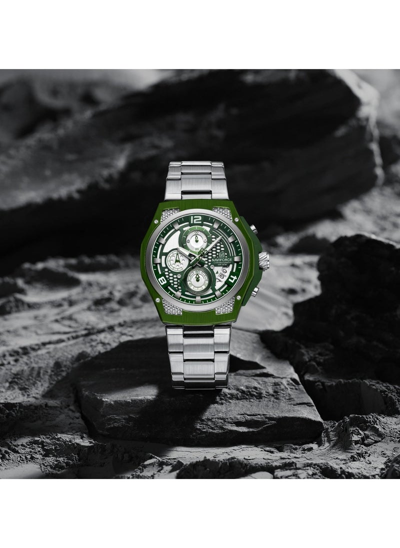 NAVIFORCE Men’s Green Chronograph Watch with Stainless Steel Bracelet and Luminous Hands  - Image 2