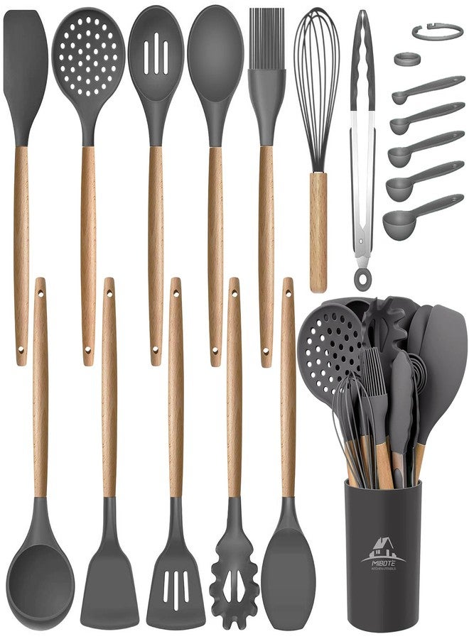 MIBOTE 17 Pcs Silicone Cooking Kitchen Utensils Set with Holder, Wooden Handles Silicone Turner Tongs Spatula Spoon Kitchen Gadgets Utensil Set for Nonstick Cookware (Grey) - Image 1