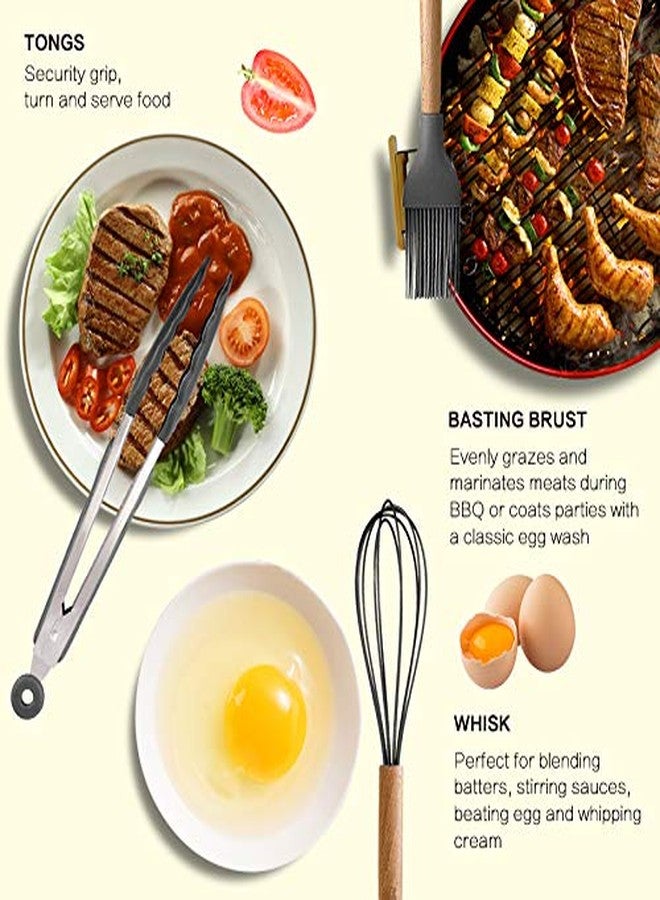 MIBOTE 17 Pcs Silicone Cooking Kitchen Utensils Set with Holder, Wooden Handles Silicone Turner Tongs Spatula Spoon Kitchen Gadgets Utensil Set for Nonstick Cookware (Grey) - Image 4