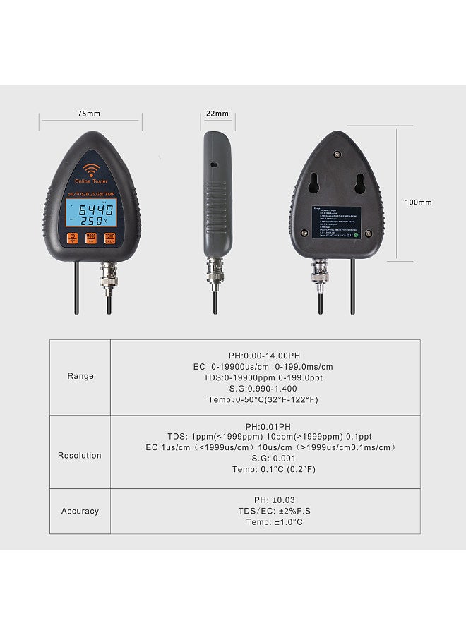 Lepmerk 991W Bluetooth Wifi Digital Water Quality Tester Mini 5 in 1 Water Analyzer PH / EC / TDS / S.G / Temperature APP Remote Monitoring Alarm Notification for Drinking Water Aquarium Hydroponics Lab  - Image 3