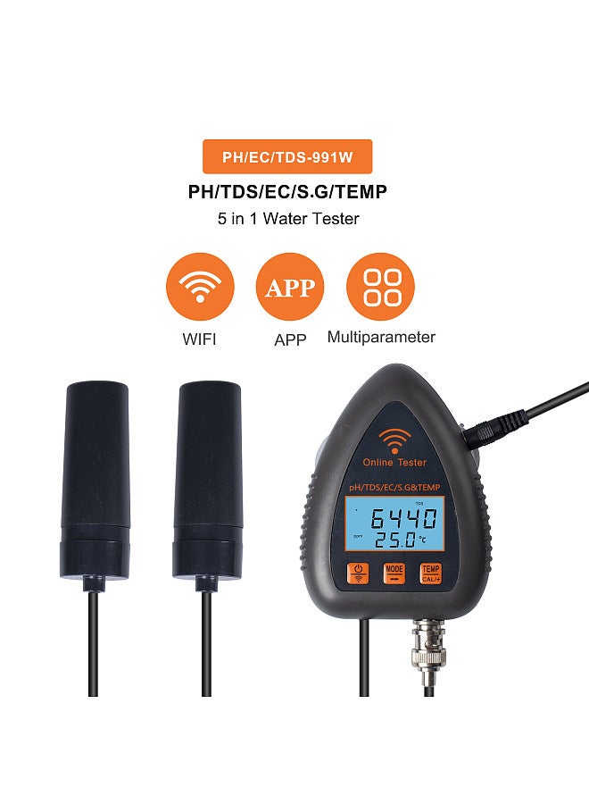 Lepmerk 991W Bluetooth Wifi Digital Water Quality Tester Mini 5 in 1 Water Analyzer PH / EC / TDS / S.G / Temperature APP Remote Monitoring Alarm Notification for Drinking Water Aquarium Hydroponics Lab  - Image 4