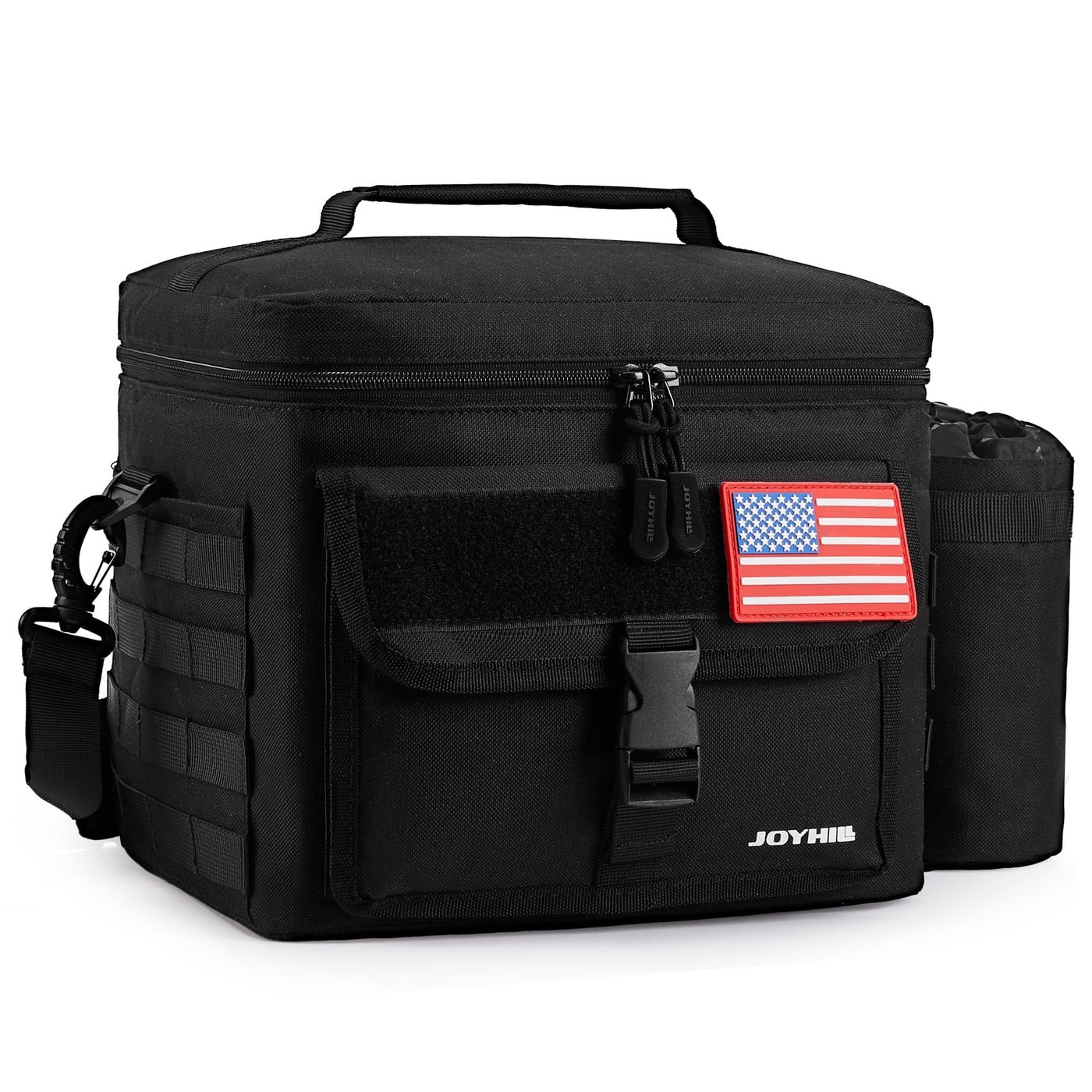 JOYHILL Tactical Lunch Box for Men, Insulated Lunch Bag with Detachable Bottle Pouch Holder, Large Durable Thermal Cooler Bag for Adult, Leakproof Bag for Work, Camping, Picnic, Black,13 L/18 Can
