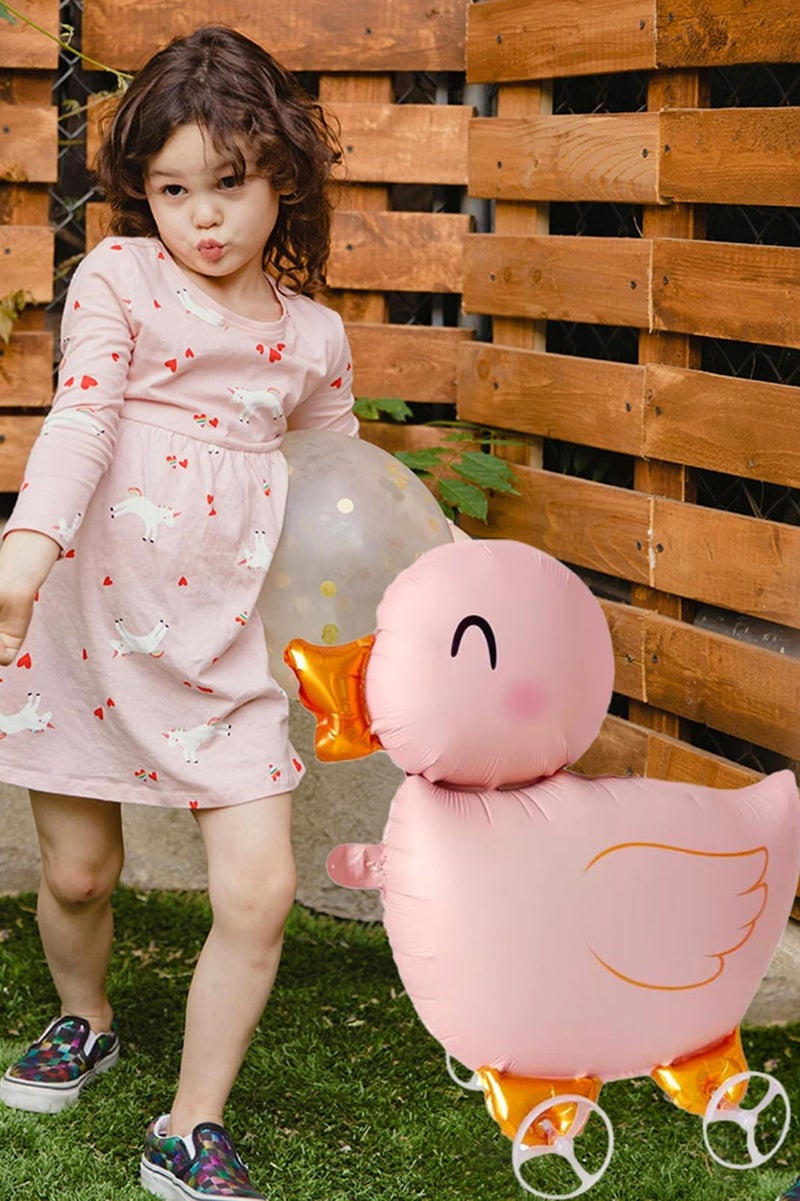 بالون بالون فويل بالون فويل بط يمشي على شكل حيوان مزرعة على شكل بالون فويل لتزيين حفلات أعياد الميلاد، بالون بالون فويل بالون لحفلات أعياد الميلاد، لعبة أطفال، مستلزمات حفلات أعياد الميلاد (وردي) - Image 2