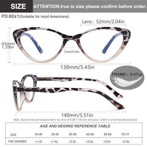 EYEURL Cat Eye Reading Glasses for Women 2 Pair Blue Light Blocking Readers 0.75 Comfort Spring Hinge Lightweight Eyeglasses Anti Glare for Ladies - Image 3
