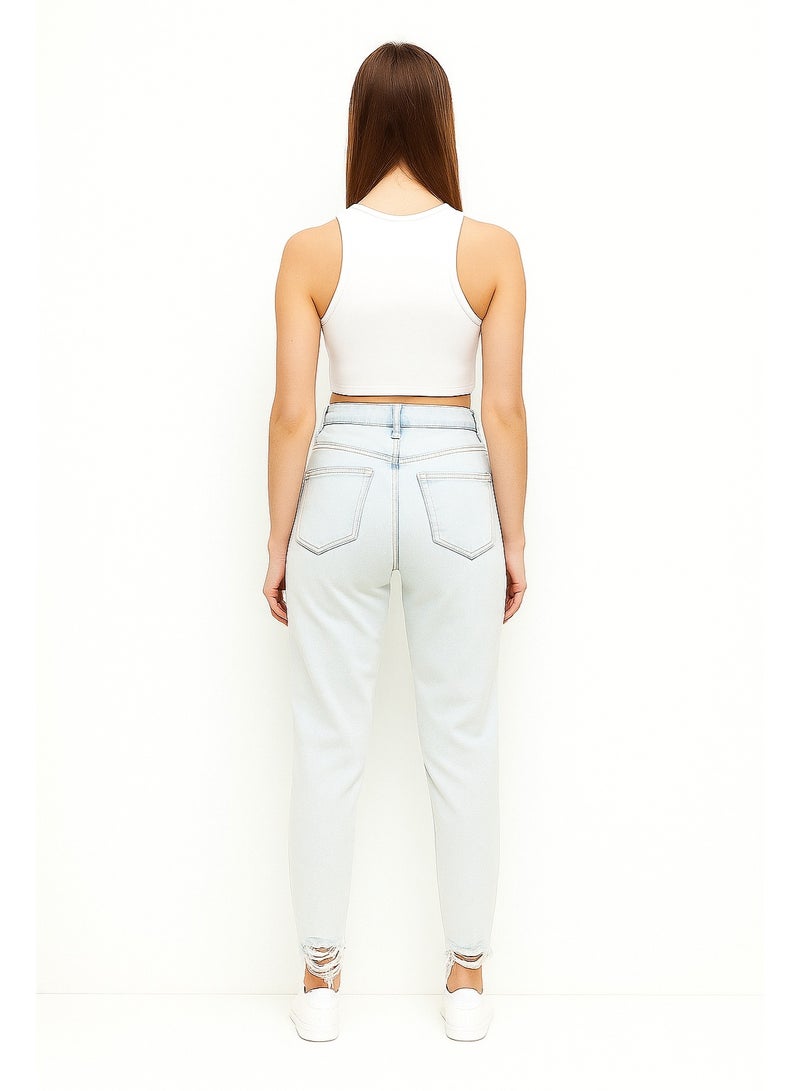 CHEVALIER FASHION Women’s Straight-Leg Light Blue Distressed Denim Jeans - Image 2