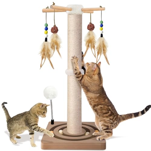 PAROTO Cat Scratching Post Sisal Cat Tree Tower Scratcher for Indoor Cats Adults with Interactive Toys Double Ball Track 2 Mounting Methods 25 inches - Image 1