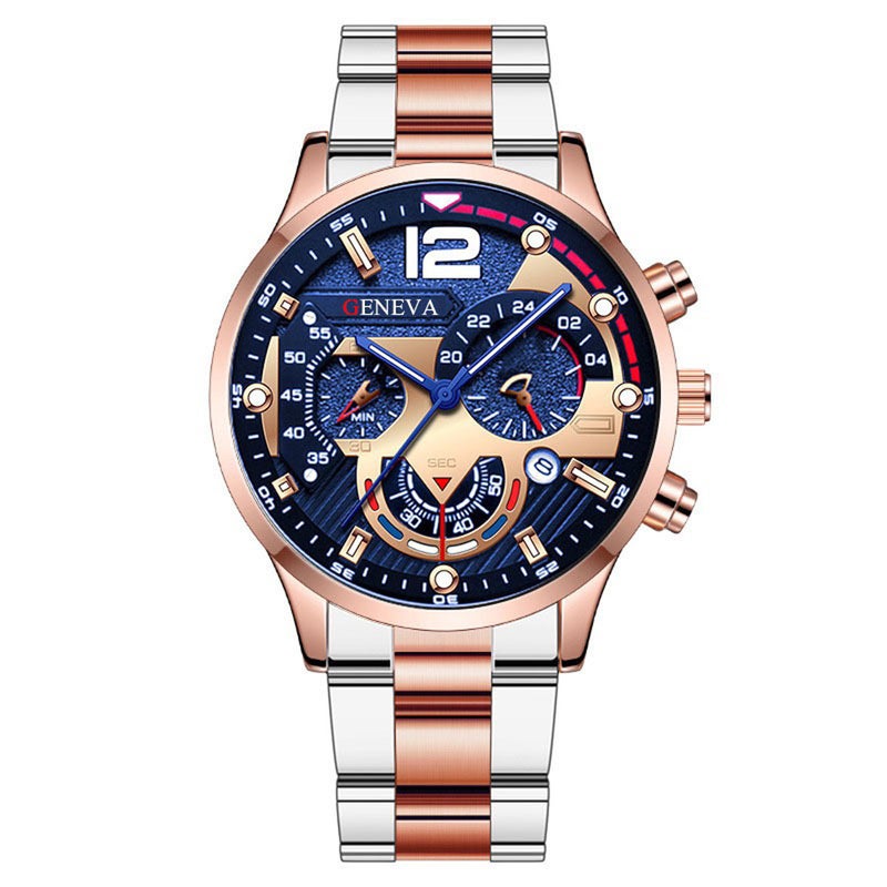 Foreign trade hot mens steel band calendar quartz watch sports luminous pointer quartz watch mens wrist watch Between gold and blue 