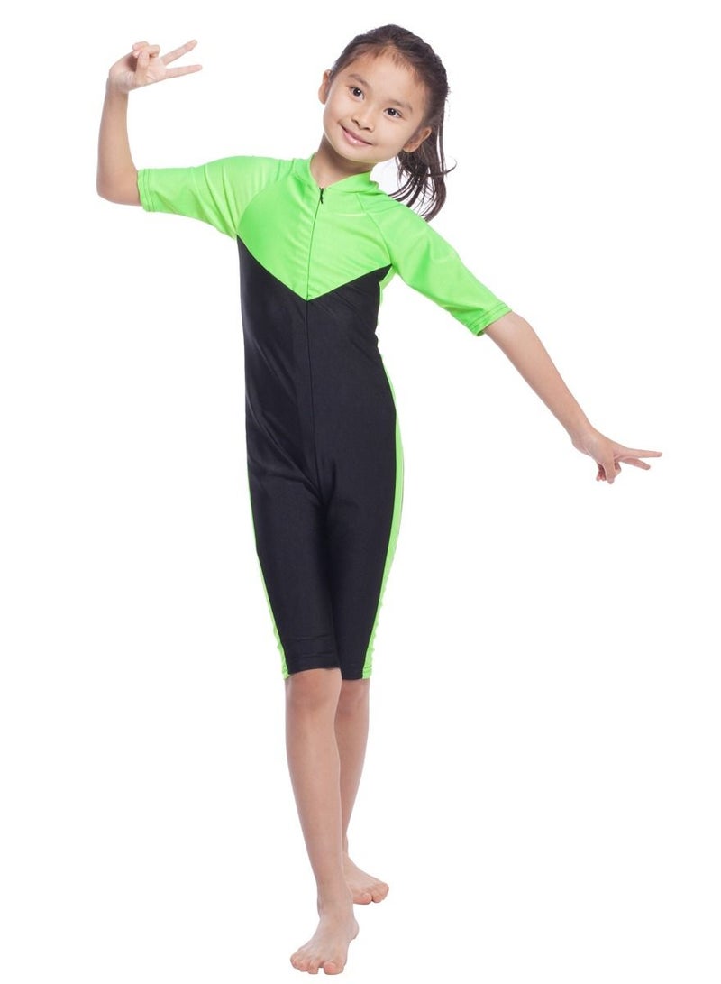 Loquat Girl's Jumpsuits  Swimwear Short Sleeve Chain Closure Burkini Swimsuit Black/Green - Image 1