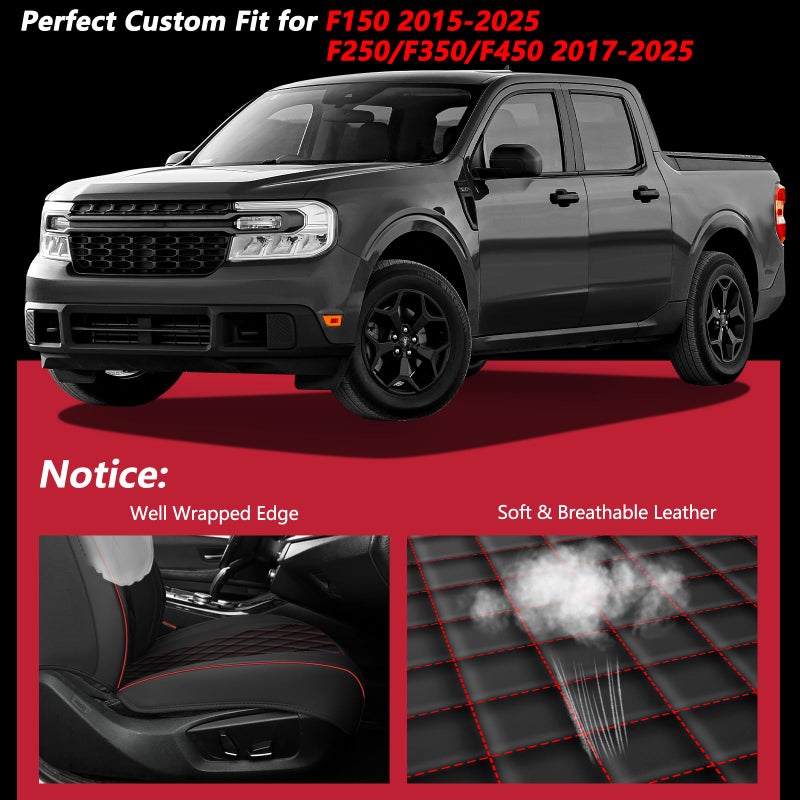 WENNFOUR F150 Seat Covers 2015-2026 Full Set, Truck Interior Sets with Lumbar Support Custom Fit for Ford F150 2015-2026, F250/F350/F450 2017-2026 Super Duty Crew Cab XLT XL Lariat Platinum, BlackRed - Image 4