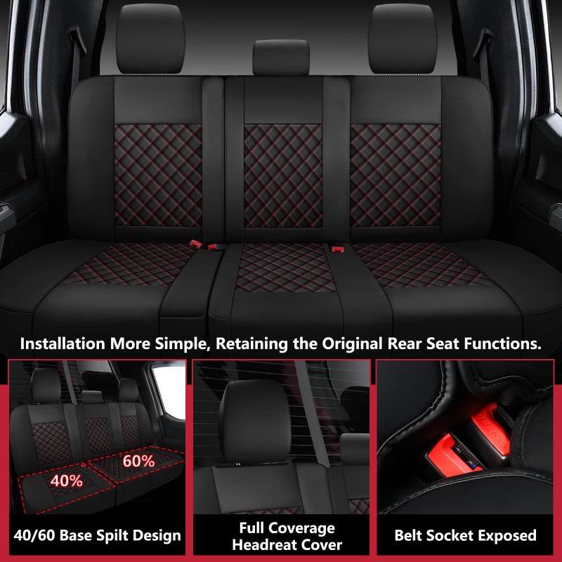 WENNFOUR F150 Seat Covers 2015-2026 Full Set, Truck Interior Sets with Lumbar Support Custom Fit for Ford F150 2015-2026, F250/F350/F450 2017-2026 Super Duty Crew Cab XLT XL Lariat Platinum, BlackRed - Image 3