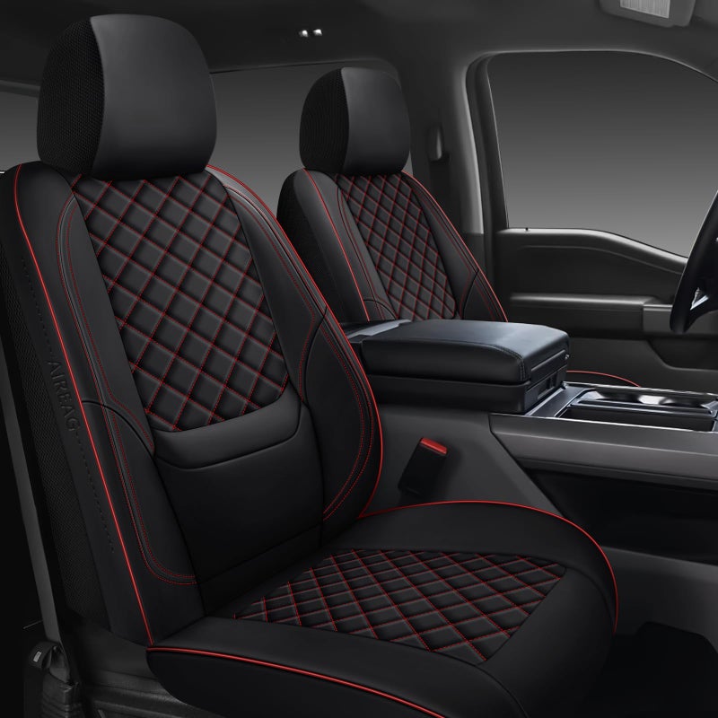 WENNFOUR F150 Seat Covers 2015-2026 Full Set, Truck Interior Sets with Lumbar Support Custom Fit for Ford F150 2015-2026, F250/F350/F450 2017-2026 Super Duty Crew Cab XLT XL Lariat Platinum, BlackRed - Image 1