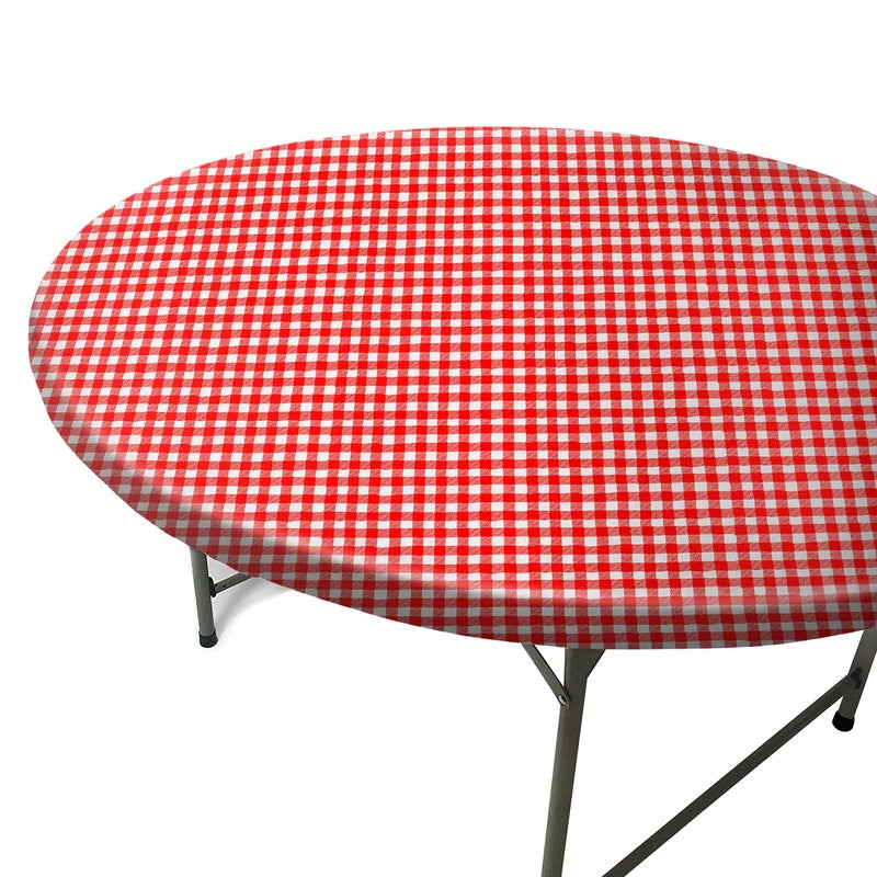 TopTableCloth Fits Tables up to 43 to 48 Inch Fitted Round Tablecloth Elastic Red White Checkered Plastic Vinyl Flannel Backed Party Dining Wedding Outdoor Bar Table Cover Elasticated Christmas