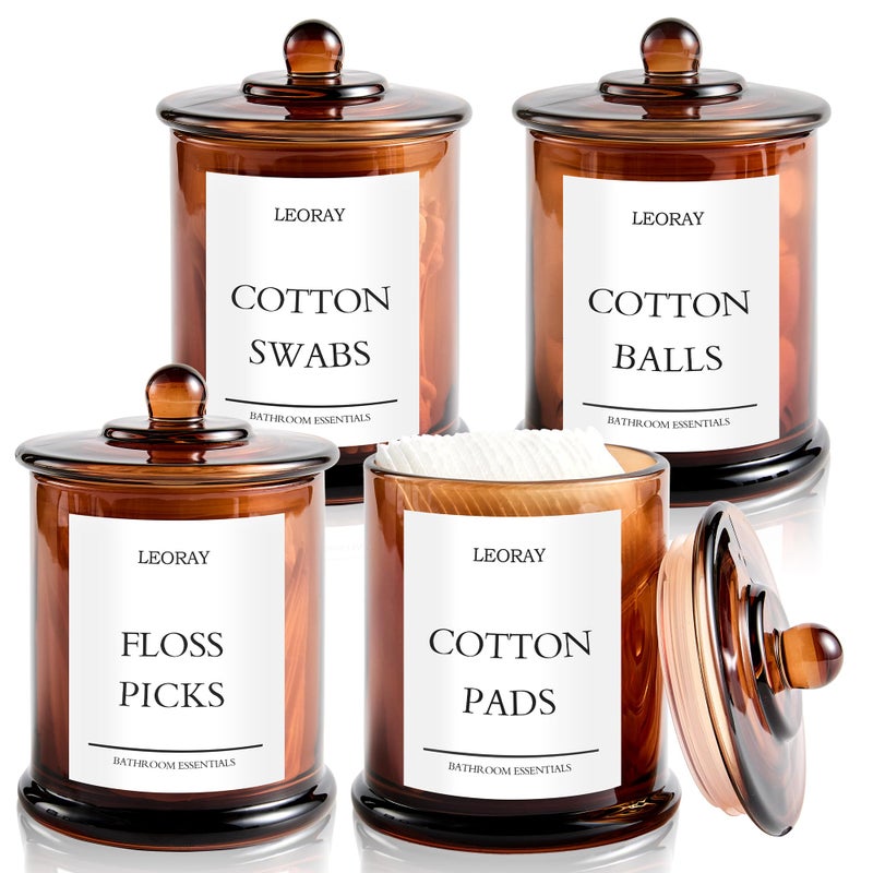 LEORAY 4 Pack Glass Qtip Holder Dispenser with Lids, Airtight Waterproof, 16 Oz Vanity Organizer Bathroom Canisters for Cotton Swabs, Balls, Pads, Floss Picks, Restroom Kitchen Storage Jars, Amber - Image 1