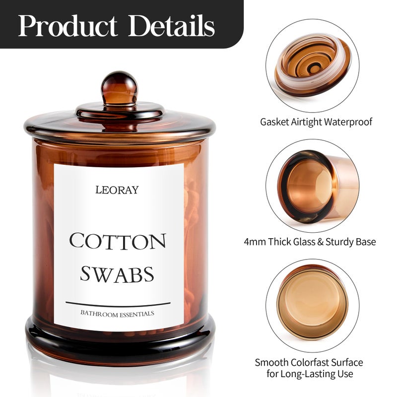 LEORAY 4 Pack Glass Qtip Holder Dispenser with Lids, Airtight Waterproof, 16 Oz Vanity Organizer Bathroom Canisters for Cotton Swabs, Balls, Pads, Floss Picks, Restroom Kitchen Storage Jars, Amber - Image 4