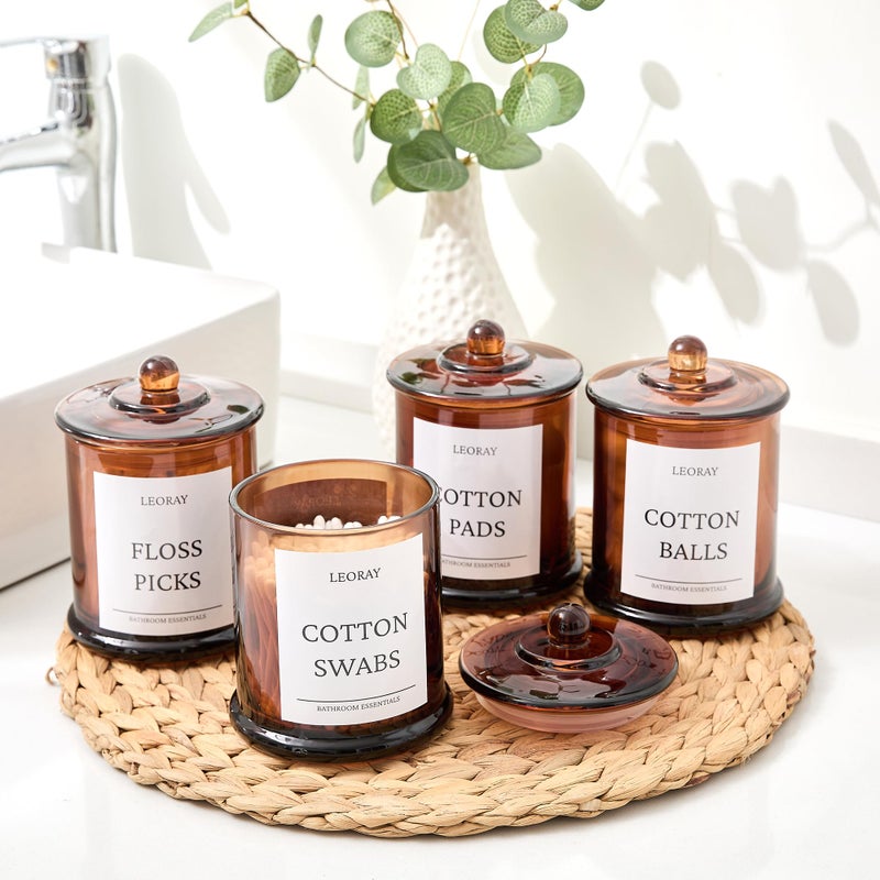LEORAY 4 Pack Glass Qtip Holder Dispenser with Lids, Airtight Waterproof, 16 Oz Vanity Organizer Bathroom Canisters for Cotton Swabs, Balls, Pads, Floss Picks, Restroom Kitchen Storage Jars, Amber - Image 3