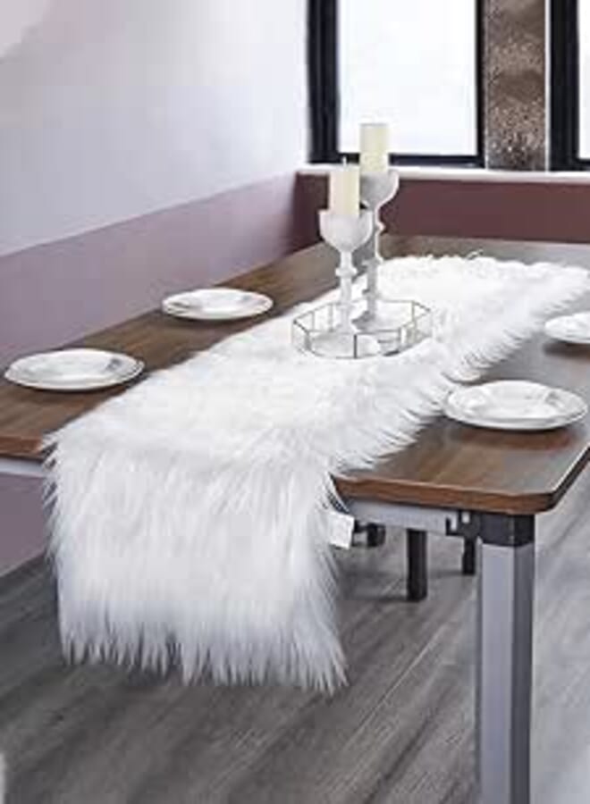 CottonFry Table Runner Decorative Fur- Long Plush Table Runner Luxury Modern Dining Coffee Rectangular Table Cloth for Kitchen Home Living Room (White (Fur))