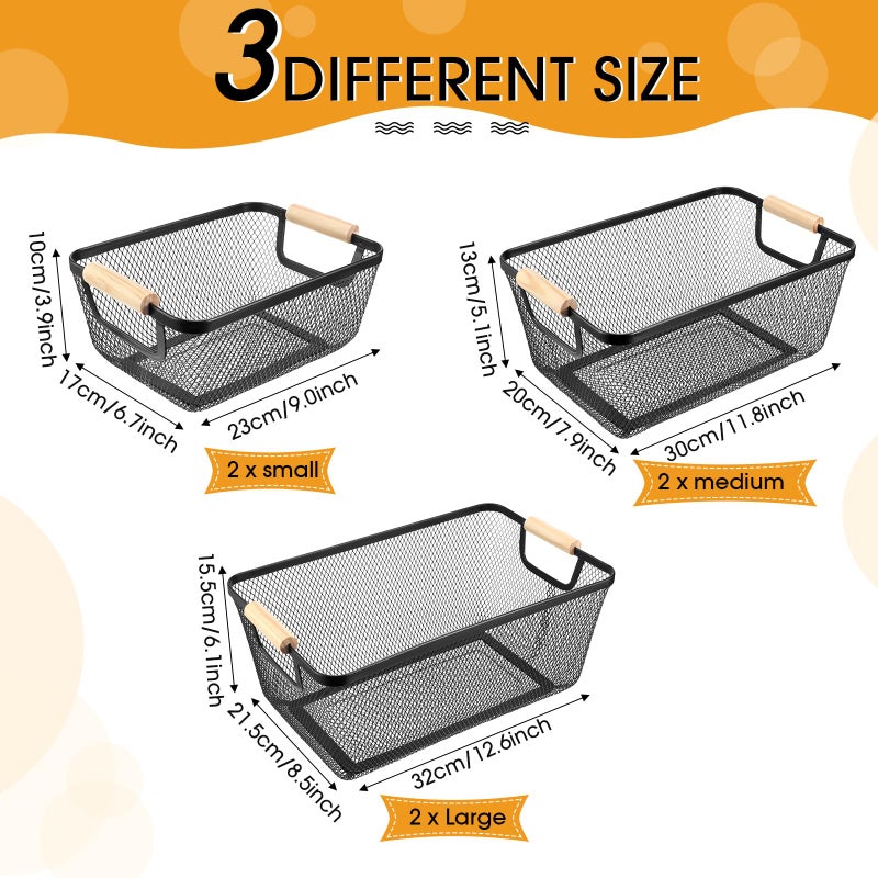 Maxcheck 6 Pack 3 Size Metal Wire Baskets Wooden Handles Steel Mesh Storage Bins Organizer Containers for Home Cabinets Pantry Closet Kitchen Food Fruit Makeup Gift Freezer Storage Rectangle(Black) - Image 2