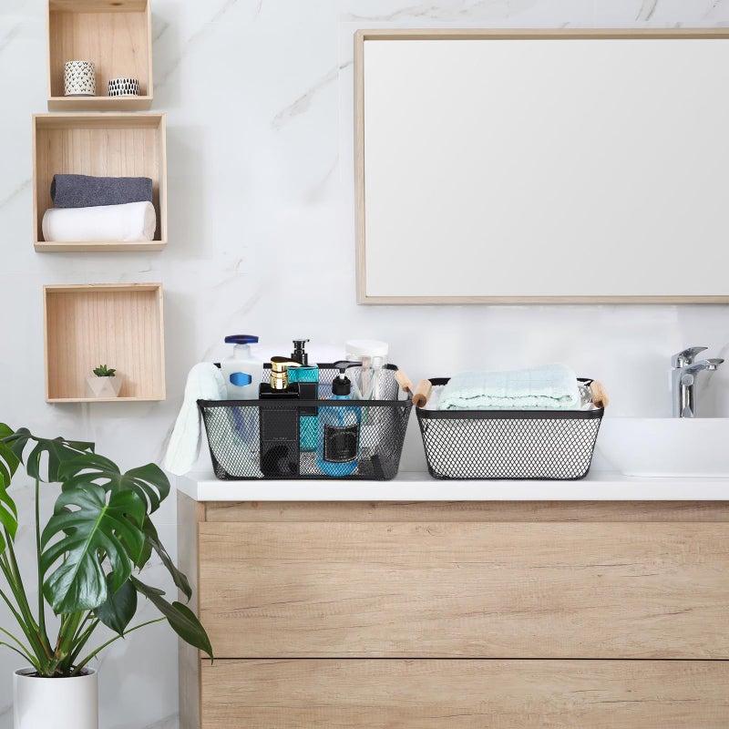 Maxcheck 6 Pack 3 Size Metal Wire Baskets Wooden Handles Steel Mesh Storage Bins Organizer Containers for Home Cabinets Pantry Closet Kitchen Food Fruit Makeup Gift Freezer Storage Rectangle(Black) - Image 5