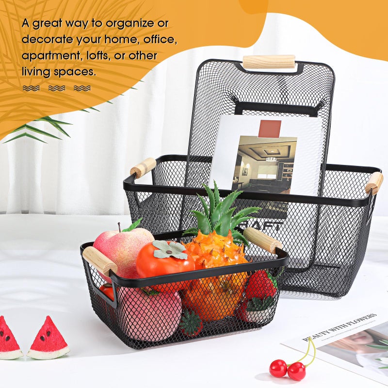 Maxcheck 6 Pack 3 Size Metal Wire Baskets Wooden Handles Steel Mesh Storage Bins Organizer Containers for Home Cabinets Pantry Closet Kitchen Food Fruit Makeup Gift Freezer Storage Rectangle(Black) - Image 4