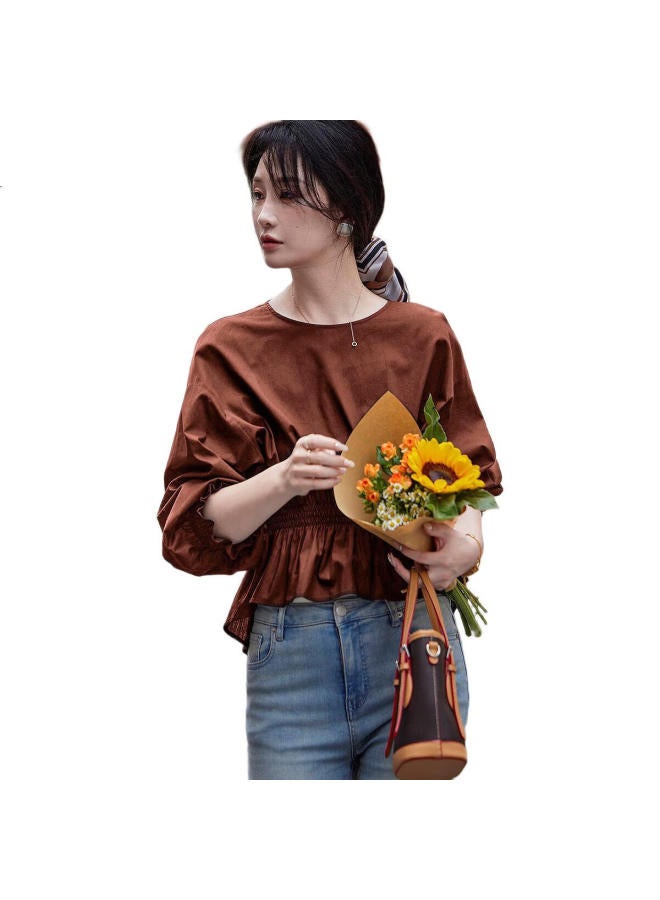 dme "Breathable Cotton" Spring And Autumn French Style Relaxed Fit Round Neck Smocked Waist Dropped Shoulder Concealing Meat Blouse Women'S Top - Image 1