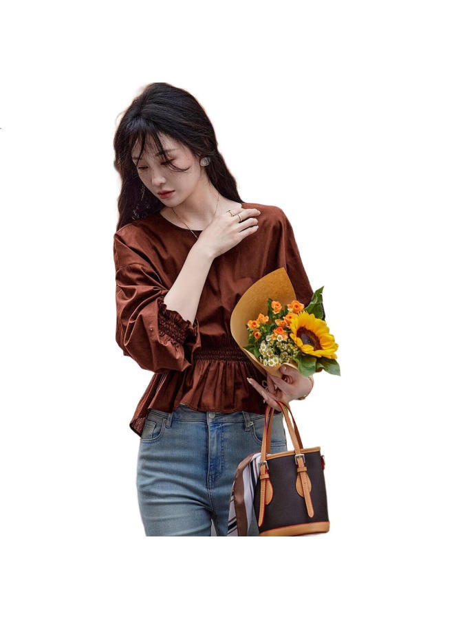 dme "Breathable Cotton" Spring And Autumn French Style Relaxed Fit Round Neck Smocked Waist Dropped Shoulder Concealing Meat Blouse Women'S Top - Image 3