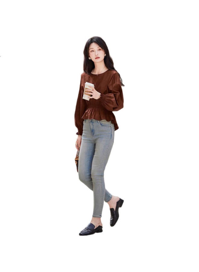 dme "Breathable Cotton" Spring And Autumn French Style Relaxed Fit Round Neck Smocked Waist Dropped Shoulder Concealing Meat Blouse Women'S Top - Image 2