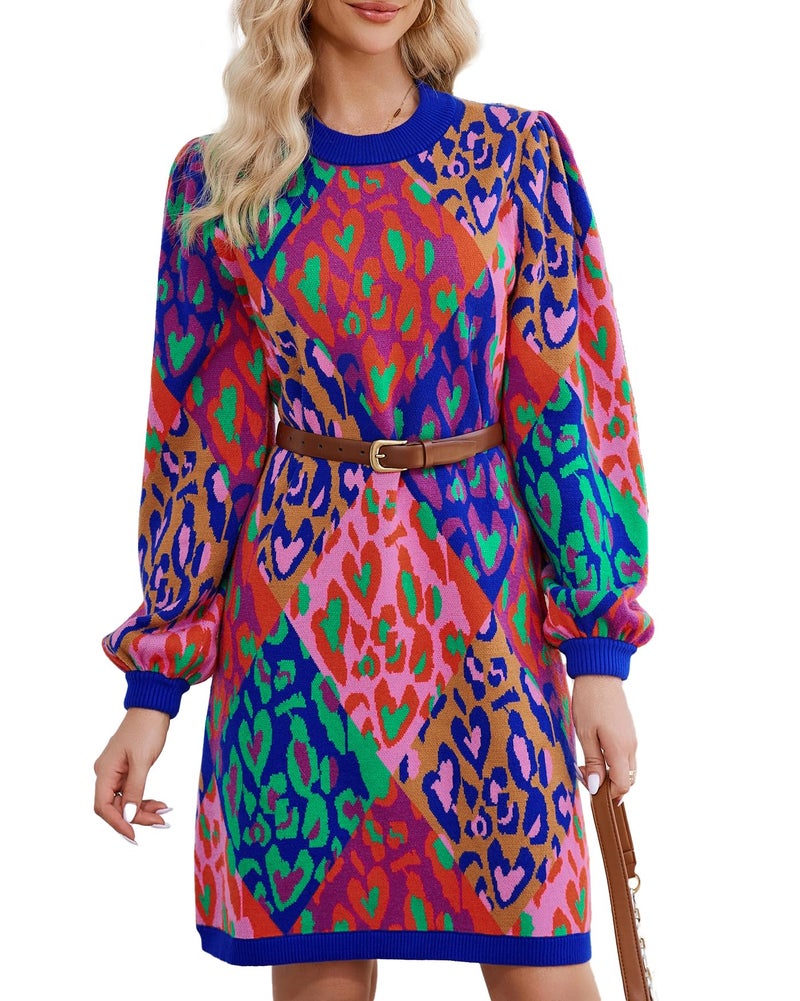 Kedera Mixed Leopard Pop Sweater Dress for Women Colorblock Balloon Sleeve Old Money Knit Sweater Tops - Image 1