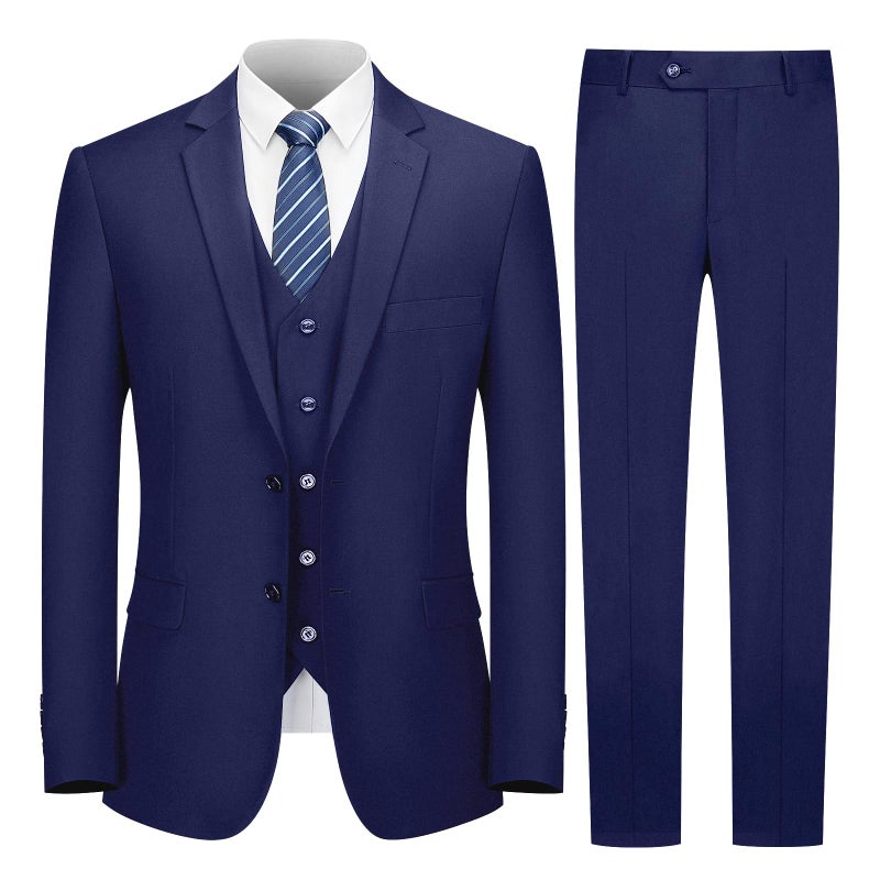 Cooper Nelson 3 Piece Mens Suit Set 2 Button Slim Fit Suit for Men Solid Jacket Vest Pants and Tie Navy Blue S