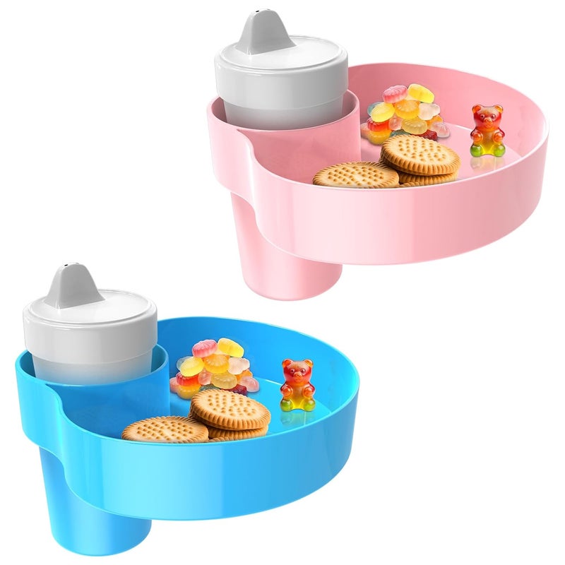 PPTSLID 2 Pack Car Seat Cup Holder Snack Tray: Travel Tray for Kids Car Seat Food Tray for Kids Travel, Toddler Carseat Eating Plate Table, Kid Road Trip Table Essentials Accessories, Pink+Light Blue - Image 1