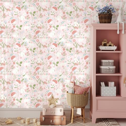 VaryStyle Fairy Animal Floral Wallpaper Pink/Green/Cream Cute Girly Floral Peel and Stick Wallpaper for Girls Bedroom Nursery Removable Animal Print Pink Contact Paper for Kids Room Cabinet 17.7"x118" - Image 5