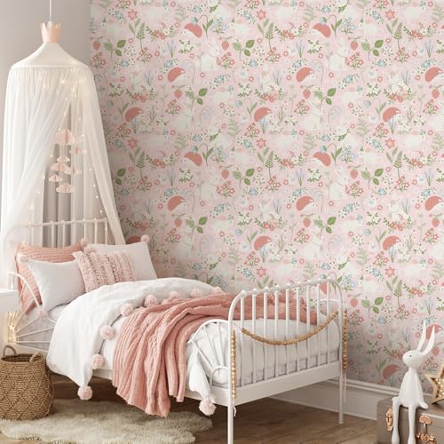 VaryStyle Fairy Animal Floral Wallpaper Pink/Green/Cream Cute Girly Floral Peel and Stick Wallpaper for Girls Bedroom Nursery Removable Animal Print Pink Contact Paper for Kids Room Cabinet 17.7"x118" - Image 3