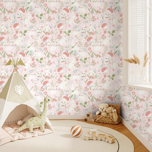 VaryStyle Fairy Animal Floral Wallpaper Pink/Green/Cream Cute Girly Floral Peel and Stick Wallpaper for Girls Bedroom Nursery Removable Animal Print Pink Contact Paper for Kids Room Cabinet 17.7"x118" - Image 2