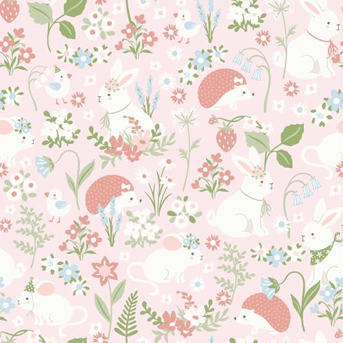 VaryStyle Fairy Animal Floral Wallpaper Pink/Green/Cream Cute Girly Floral Peel and Stick Wallpaper for Girls Bedroom Nursery Removable Animal Print Pink Contact Paper for Kids Room Cabinet 17.7"x118" - Image 1