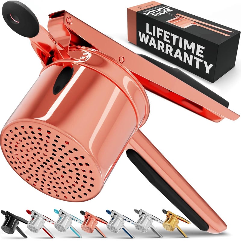 PriorityChef Large 15oz Potato Ricer Heavy Duty Stainless Steel Potato Masher and Ricer Kitchen Tool Press and Mash Kitchen Gadget For Perfect Mashed Potatoes Everytime Rose Gold and Black
