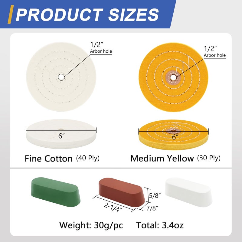 SCOTTCHEN 6inch Buffing Polishing Wheels 1/2" Arbor Hole,Fine (40Ply) / Medium (30Ply) for Bench Grinder,with Buffing Polishing Cutting Compound 3.4 Oz.Kit - Image 2